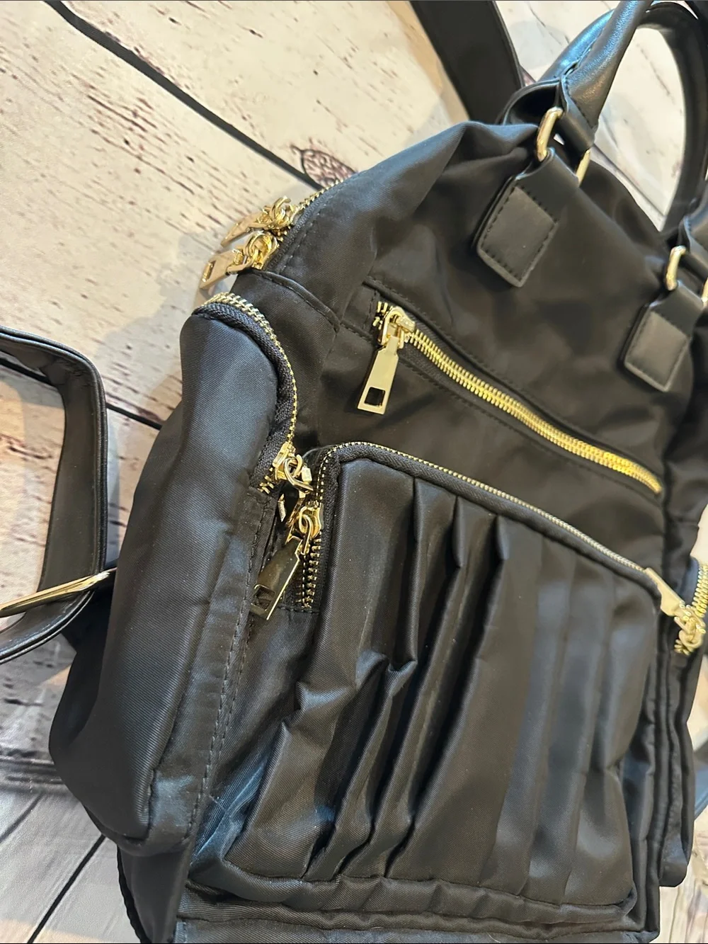 Classic Black Nylon Backpack with Gold Hardware - Women Bags